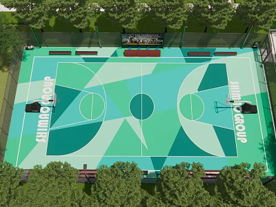 Outdoor Basketball Court With Colorful Geometric Floor Design And Surrounding Trees 3d model