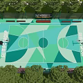 Outdoor Basketball Court With Colorful Geometric Floor Design And Surrounding Trees