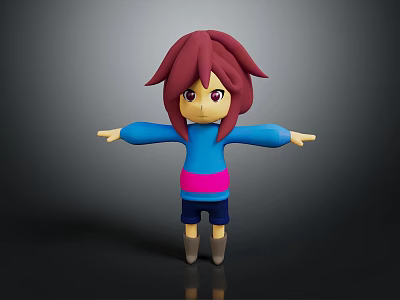 3D Animated Character With Reddish Brown Hair Purple Eyes Blue Sweater And Outstretched Arms 3d model