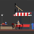 Colorful Food Stall Setup With Red White Striped Awning Tables Chairs Street Lamps And Benches