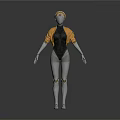 Female Robot Character With Silver Metallic Body Orange Jacket And Golden Head Decoration