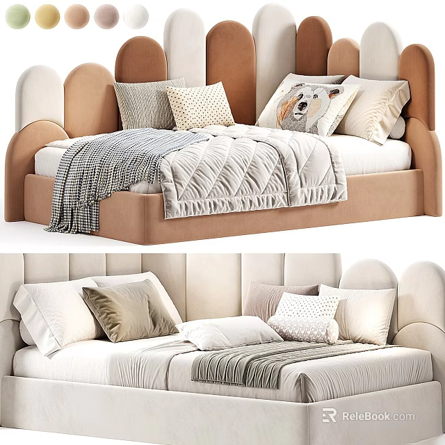 Kids Bed with Curved Headboard Brown Beige Pillows and Soft Blanket 3d model 