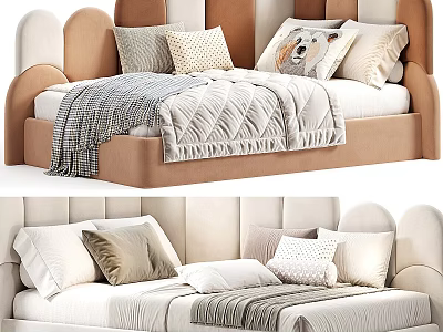 Kids Bed with Curved Headboard Brown Beige Pillows and Soft Blanket 3d model