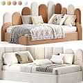 Kids Bed with Curved Headboard Brown Beige Pillows and Soft Blanket