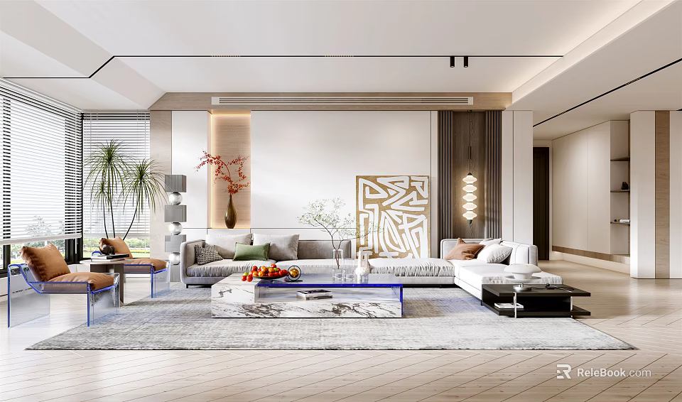 Modern Living Room Interior Design With Sofa Coffee Table Decorative Painting And Green Plants 3d model 