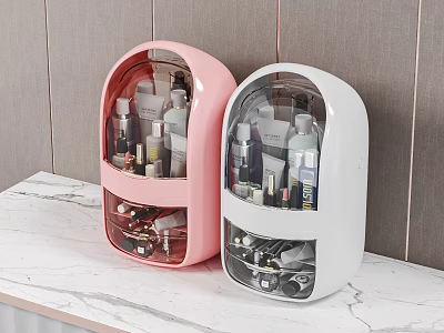 Wall Mounted Cosmetic Storage Boxes Pink White Organizers For Skincare Makeup On Marble Countertop 3d model
