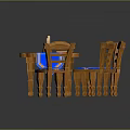 Wooden Dining Table With Blue Patterned Tablecloth And Chairs On Blue Rug With Book Cup