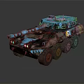 Military Armored Tank With Blue Black Camouflage Pattern And Wheeled Design