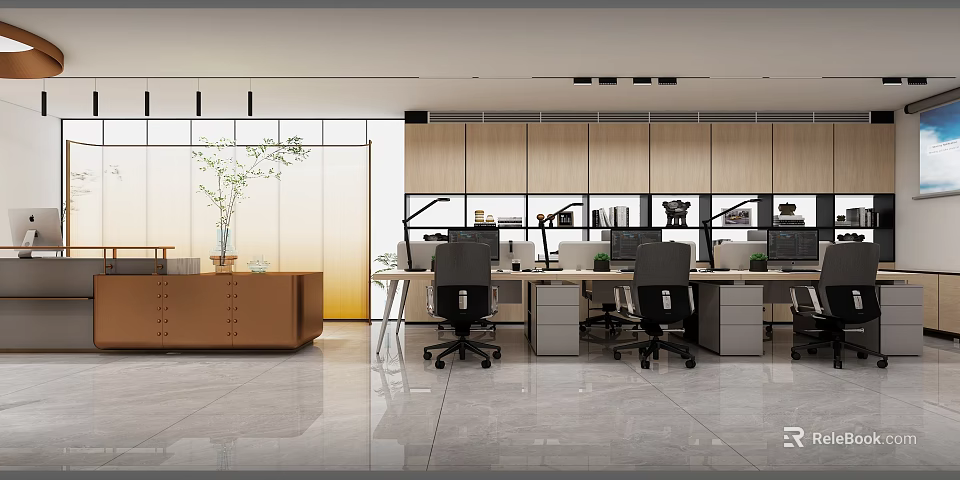 Modern Public Office Space With Open Layout Workstations Ergonomic Chairs And Potted Plants 3d model 