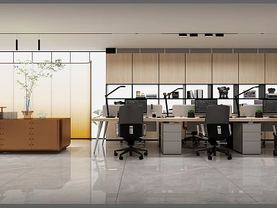Modern Public Office Space With Open Layout Workstations Ergonomic Chairs And Potted Plants 3d model