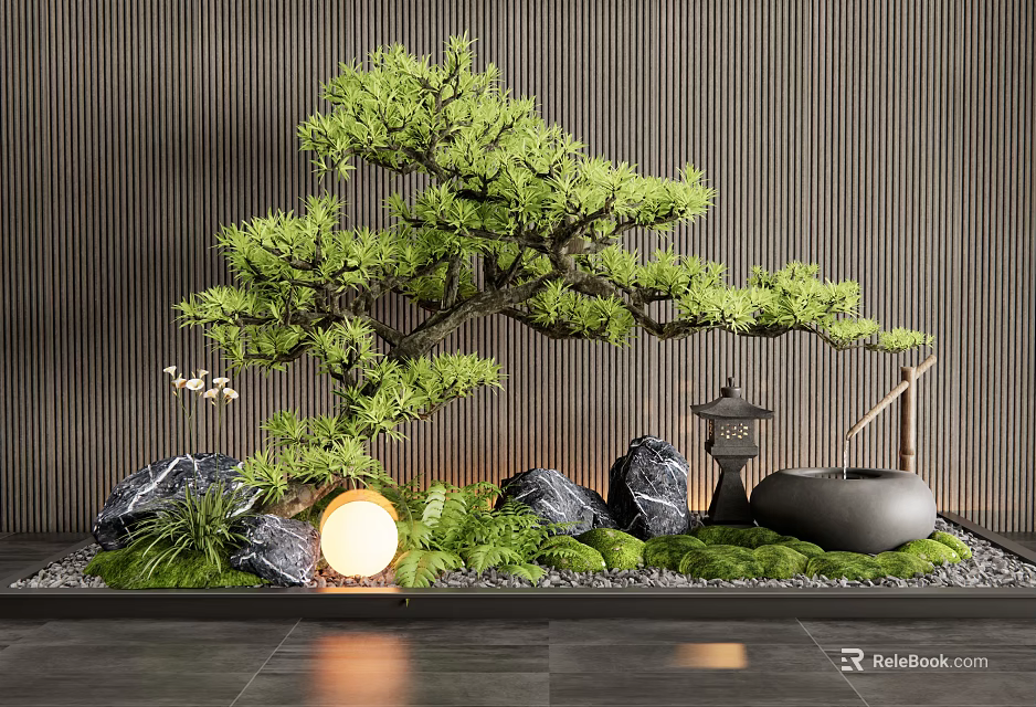 Zen Style Indoor Landscape With Bonsai Pine Tree Stones Green Moss And Round Light 3d model 