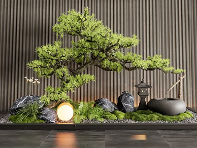 Zen Style Indoor Landscape With Bonsai Pine Tree Stones Green Moss And Round Light 3d model