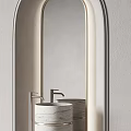 Two Cylindrical Marble Washbasins in Arched Doorframes with Sleek Metal Faucets