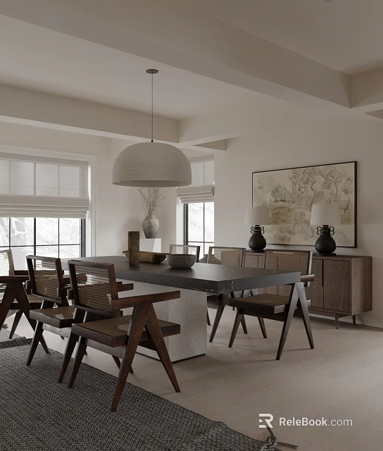 Elegant Modern Dining Room With Wooden Table Chairs Pendant Light And Artwork 3d model 