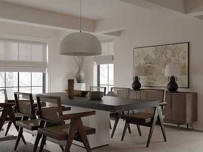 Elegant Modern Dining Room With Wooden Table Chairs Pendant Light And Artwork 3d model