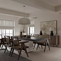 Elegant Modern Dining Room With Wooden Table Chairs Pendant Light And Artwork