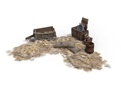 Rustic Farm Setting With Scattered Hay Wooden Crate Barrel And Sacks 3d model