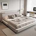 Modern Double Bed with Upholstered Headboard in Minimalist Bedroom Gray Bedding and Wooden Desk