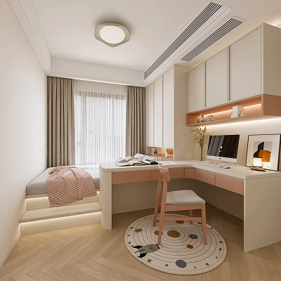 Modern Tatami Bedroom Interior With Tatami Bed Built in Desk Computer Storage Cabinets And Warm Lighting 3d model