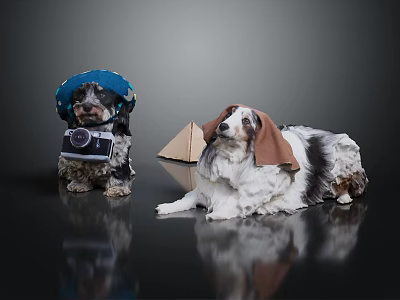 Reptiles Wearing Blue Hat with Camera and Brown Paper Cone on Reflective Black Surface 3d model