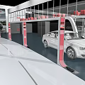 Modern Audi Car Showroom Featuring White R8 Sports Car and Red Vehicles