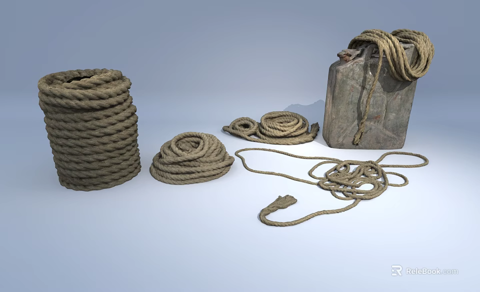 Household Coiled Ropes In Various Sizes With Vintage Container And Twisted Details 3d model 