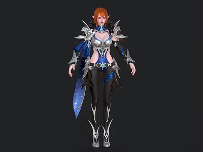 Red Haired Female Elf Game Movie Character With Blue Cape And Silver Armor 3d model