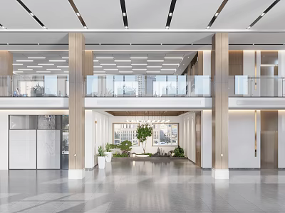 Modern Reception Desk Design In Spacious Lobby With Wooden Accents Glass Partitions And Green Plants 3d model