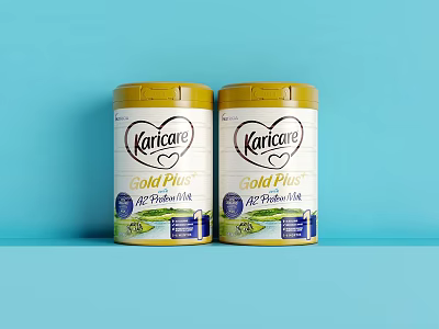 Karicare Gold Plus Infant Formula with DHA Prebiotics Two Jars on Blue Background 3d model