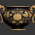 Intricately Sculpted Black Urn With Yellow Leaf Carvings And Decorative Handles