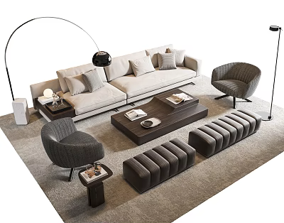 Stylish Sofa Coffee Table Set With Accent Chairs Floor Lamp Throw Pillows And Rug 3d model