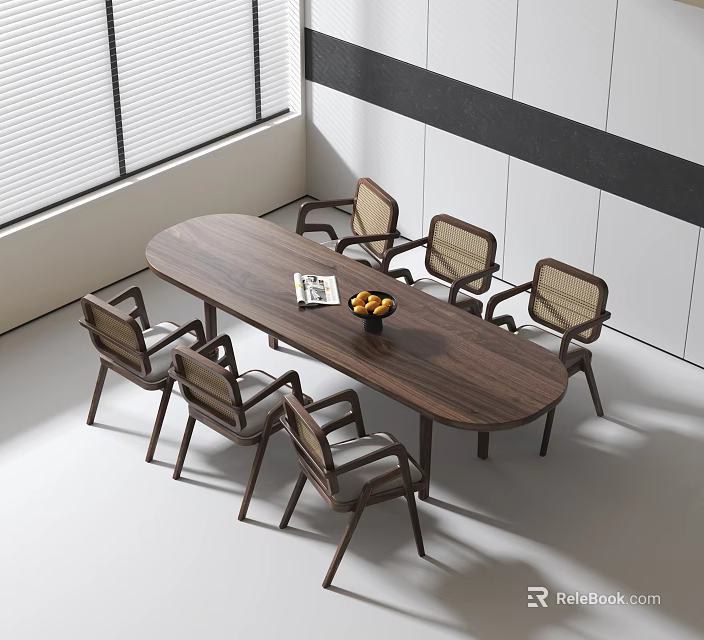 Modern Interior Dining Table Set With Oval Wooden Table Six Chairs Magazine And Fruit Bowl 3d model 