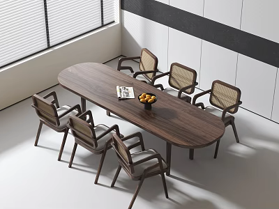 Modern Interior Dining Table Set With Oval Wooden Table Six Chairs Magazine And Fruit Bowl 3d model