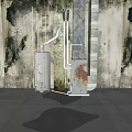 Industrial Equipment With Cylindrical Tank Square Unit Rusted Pipes Against Grey Weathered Walls Concrete Floor