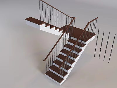 Modern Staircase Design With Brown Wooden Steps White Risers And Black Metal Railings 3d model