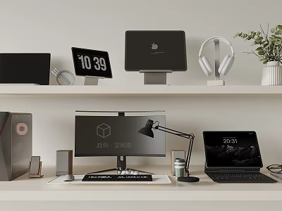 Modern Computer Workspace With Monitor Laptop Headphones Speakers Desk Lamp And Clock 3d model