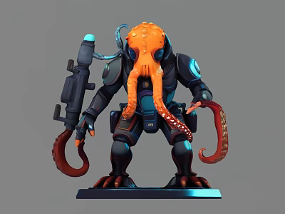 Detailed 3D Model of Sci-Fi Octopus in Mech Combat Gear with Tentacles and Weapon 3d model