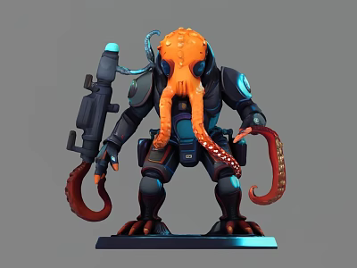 Detailed 3D Model of Sci-Fi Octopus in Mech Combat Gear with Tentacles and Weapon 3d model