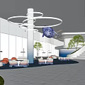 Modern Front Desk Reception Area With Circular Chandeliers Blue Carpet Large Windows And Whale Decoration