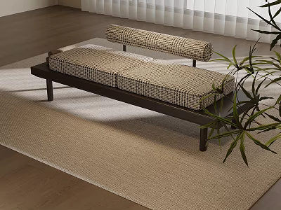 Modern Wooden Bench With Checkered Cushions Placed On Beige Rug Near Window Plant 3d model