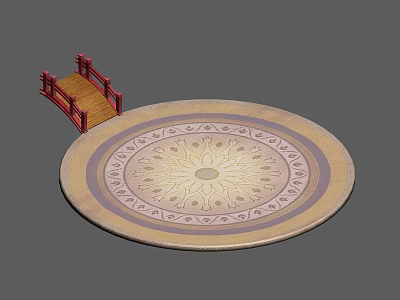 Traditional Garden Landscape With Circular Decorative Patterned Ground And Red Wooden Bridge 3d model