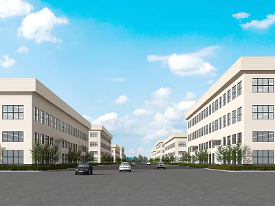 Modern Industrial Factory Complex With Spacious Driveway Cars And Green Trees Under Blue Sky 3d model