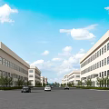 Modern Industrial Factory Complex With Spacious Driveway Cars And Green Trees Under Blue Sky