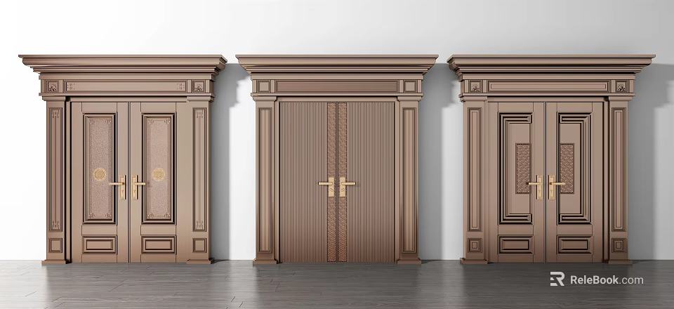 Brown decorative double doors with gold handles door frames white walls and dark flooring 3d model 