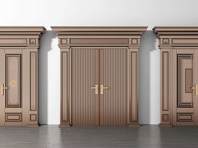 Brown decorative double doors with gold handles door frames white walls and dark flooring 3d model