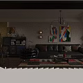 Modern Living And Dining Room With Black Leather Sofa Colorful Abstract Paintings Chandelier And Rug