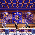 KTV Interior With Blue And Orange Geometric Patterns Sofa TV And Group Gathering Area