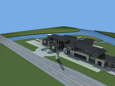 Modern Waterfront Residential Building With Green Lawns And Road Access 3d model