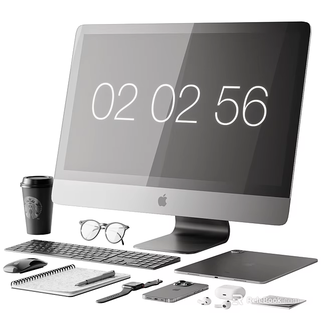 Apple Desktop Monitor With Keyboard Mouse Trackpad Starbucks Cup Glasses And Notebook 3d model 