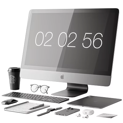 Apple Desktop Monitor With Keyboard Mouse Trackpad Starbucks Cup Glasses And Notebook 3d model